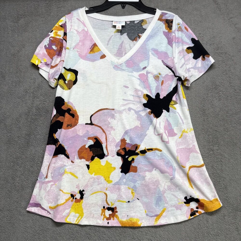 LuLaRoe Size XS Top Christy V-Neck Tee White COLORFUL Art Print Short Sleeve